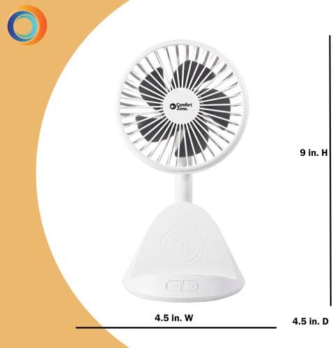 Comfort Zone Rechargeable Fan with Wireless Charger, 4 inch, USB Chargeable Lithium Battery, Adjustable Tilt, Powerful & Portable, Cooling & Charging