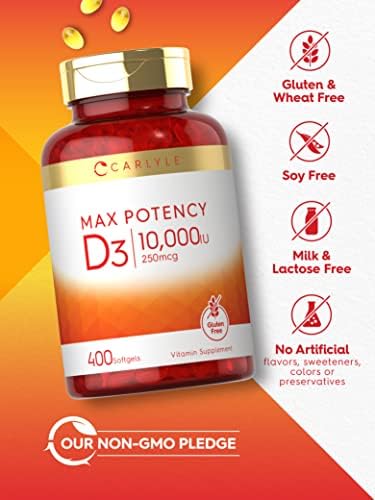 Carlyle Vitamin D3 10000 IU (250 mcg) | 400 Softgels | Value Size | Max Potency | Non-GMO, Gluten Free Supplement