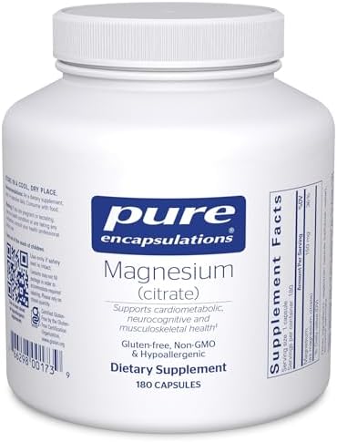 Pure Encapsulations Magnesium (Citrate) - Supplement for Sleep, Heart Health, Cognitive Health, Bone Health, Energy, Muscles, and Metabolism* - with Premium Magnesium - 180 Capsules | Supplement for Sleep, Heart Health, Brain Health, Bone Health, Energy,…