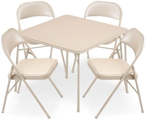 Sudden Comfort 5 Piece 34 x 34 Inch Square Folding Dining Card Table, Tan | with 4 Padded Folding Chairs Furniture Set for Gatherings and Games