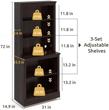 Bevfint 72" Tall Bookcase, White Large Floor Standing Bookshelf for Hallway | 5 Tier Shelves Open Storage Organizer with Anti Tipping Device, Book Case for Living Room Kitchen Home Office Bedroom