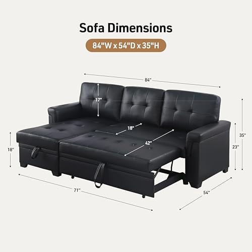 Lilola Home Convertible Sectional Sleeper Sofa Bed 84 Inch, L Shaped Couch with Pull Out Bed, Storage Chaise, Removable Back Cushions for Living Room, Office, Linen Fabric, Dark Gray