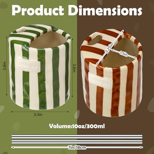 2 Pack Ceramic Coffee Mug with Sip Hole Espresso Cup 10oz with Straws Retro Hand Painted Striped Ceramic Iced Coffee Tea Travel Mug Latte Cup for