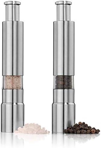 Salt and Pepper Grinder Set of 2, Stainless Steel Push Button Grinder Modern Design Thumb Grinder, for Black Pepper, Sea Salt and Himalayan Salt