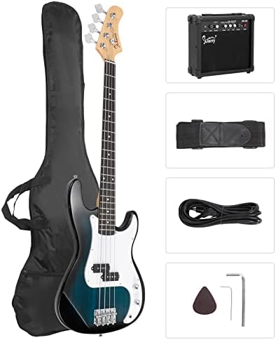 GLARRY Full Size Electric Bass Guitar Beginner Kit 4 String Exquisite Basswood Bass with 20W AMP, Cable, Strap, Bag and Accessories (Transparent Blue, 39"Right Handed)