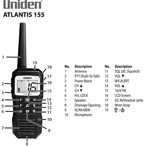 Uniden Atlantis 155 Handheld Two-Way VHF Marine Radio, Floating IPX8 Submersible Waterproof, Dual-Color Screen