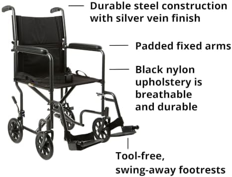McKesson Transport Wheelchair, Silver, Black, 19 in, 1 ct | Lightweight, Steel, Silver Vein Finish