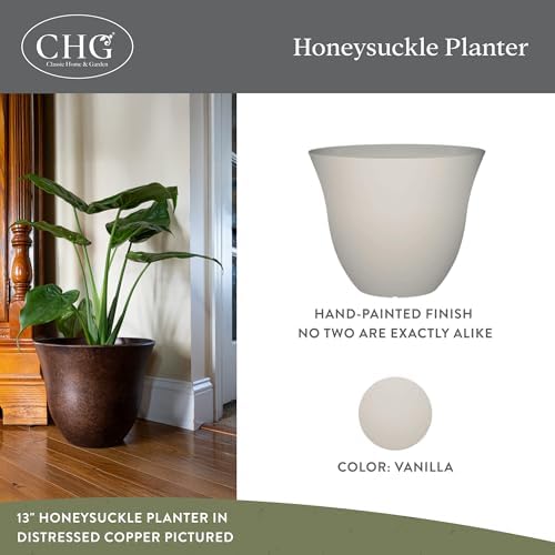Honeysuckle Resin Planter, Durable Garden Pot, 13" Vanilla White | Hand-Painted Finish Plant Pots, Lightweight Indoor Outdoor Planter, UV-Resistant