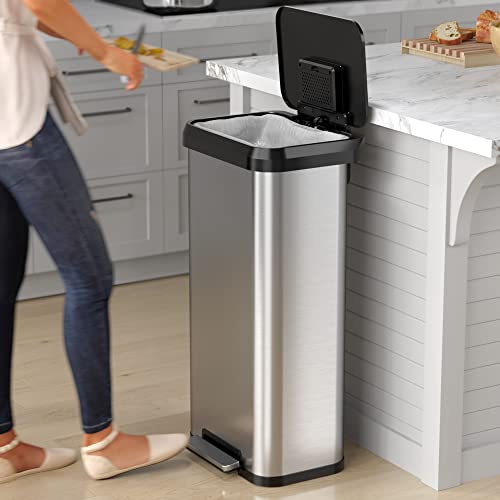 iTouchless Airstep 13 Gallon Step Pedal Kitchen Trash Can with Odor Filter, 50 Liter Commercial Grade Stainless Steel Recycle Bin for Home and Office, Silent Lid Open and Close