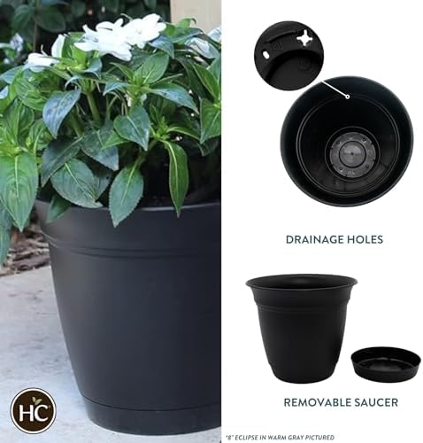 The HC Companies Eclipse Round Planter with Saucer - Outdoor & Indoor Plant Pot with Drainage Holes - Lightweight