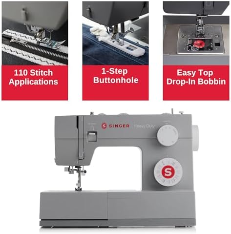 SINGER® Heavy Duty 4452 (Grey) High Speed Sewing Machine + Accessories | 32 Built-In Stitches Deliver 110 Stitch Applications | 50% More Power for Thick Fabrics, 1100 Stitches/Min, 1-Step Buttonhole | Accessories, 32 Built-In Stitches Deliver 110 Stitch…