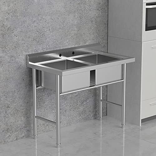 Bonnlo Commercial 304 Stainless Steel Sink 2 Compartment Free Standing Utility Sink for Garage, Restaurant, Kitchen, Laundry Room, Outdoor