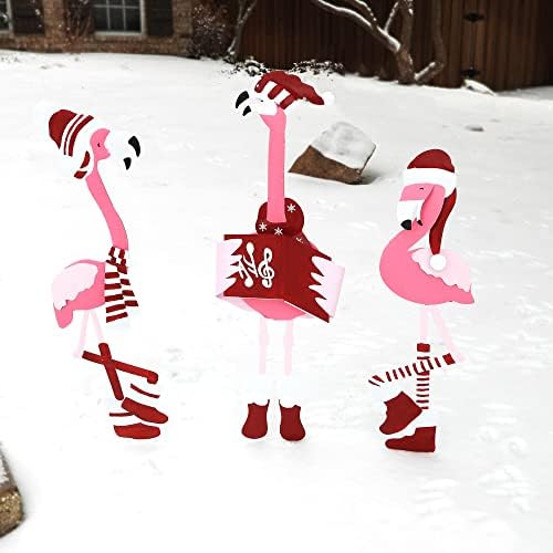 Haute Decor Outdoor Christmas Caroling Flamingos Trio Yard Decor - Sturdy Weatherproof Metal Construction, 3 Holiday Flamingos, Yard Stakes Included