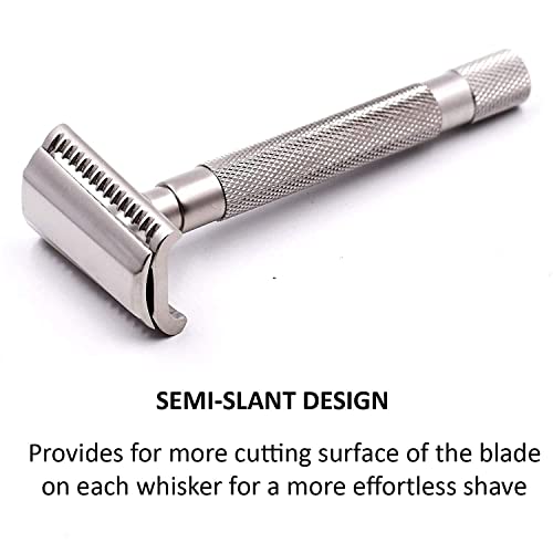Parker Semi-Slant Safety Razor – Satin Chrome Finish | Smooth, Efficient Double Edge Wet Shaver for Men | Slanted Cutting Action + 5 Platinum Blades Included | Iconic Brand