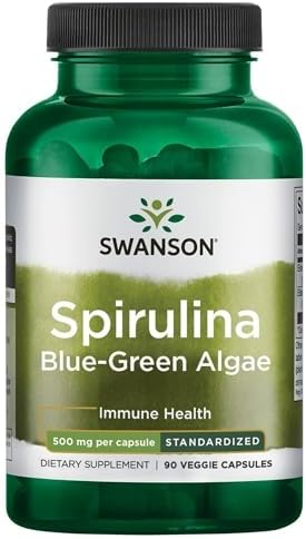 Swanson Std Spirulina Blue-Green Algae 10% Phycocyanin 500 Milligrams 90 Veg Capsules | Standardized for Phycocyanin