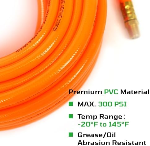 DYNAMIC POWER 3/8-Inch x 50ft Heavy-Duty Air Hose, Reinforced PVC Hose with Brass Fittings (300 PSI)…