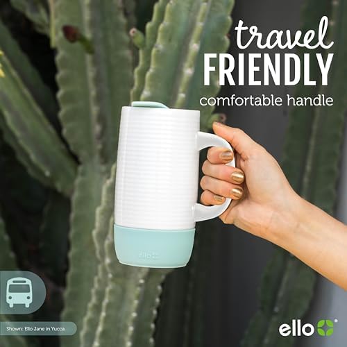 Ello Jane 18oz Ceramic Travel Mug with Handle, Splash-Resistant Slider Lid and Built-in Coaster, Perfect for Coffee and Tea, BPA Free, Dishwasher Safe