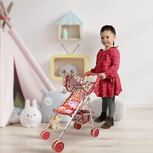 The New York Doll Collection My First Doll Stroller with Basket & Heart Design Foldable Doll Stroller, Pink