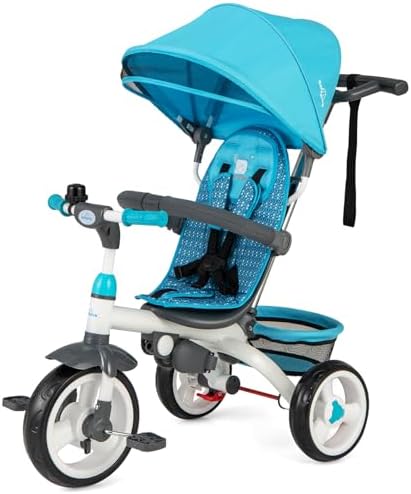 Costzon Tricycle for Toddlers, 6 in 1 Trike w/Parent Handle, Adjustable Canopy, Storage, Safety Harness & Wheel Brakes, Baby Push Tricycle Stroller for Kids Boys Girls Aged 9 Month-5 Years Old, Blue