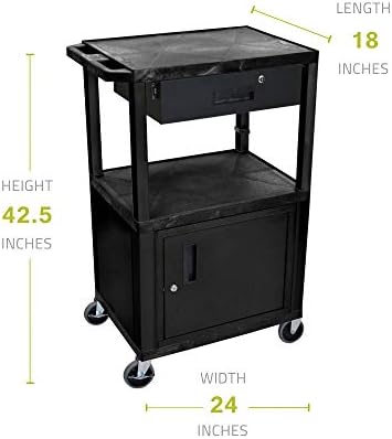 Luxor WT42C2E-B/WTD 42" H AV Cart - 3 Shelves Cab Drawer - Black, 4" Ball Bearing Casters with Two Locking Brake