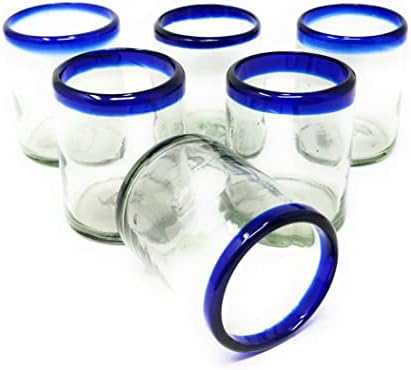 Hand Blown Mexican Drinking Glasses - Set of 6 Tumbler Glasses with Cobalt Blue Rims (10 oz each)