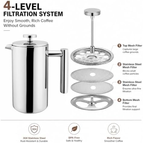 8-Cup Double Wall Insulated Stainless Steel French Coffee Press, 32-Ounce Durable Coffee Tea Maker with Stainless Steel Plunger, Copper