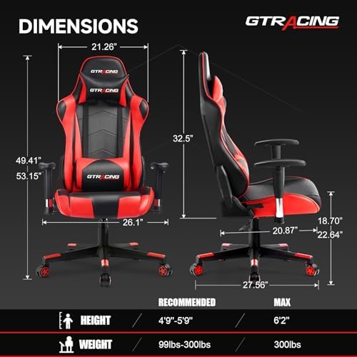 GTRACING Gaming Chair Racing Office Computer Ergonomic Video Game Chair Backrest and Seat Height Adjustable Swivel Recliner with Headrest and Lumbar