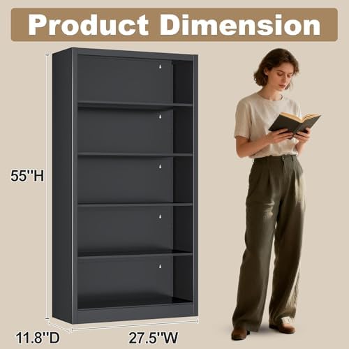 66 in Black Heavy Duty Metal Bookshelf, 5-Tier Adjustable Tall Bookcase, Industrial Floor Standing Storage Shelf 180 lbs Load Per Shelf for Living Room Home Office Bedroom Garage
