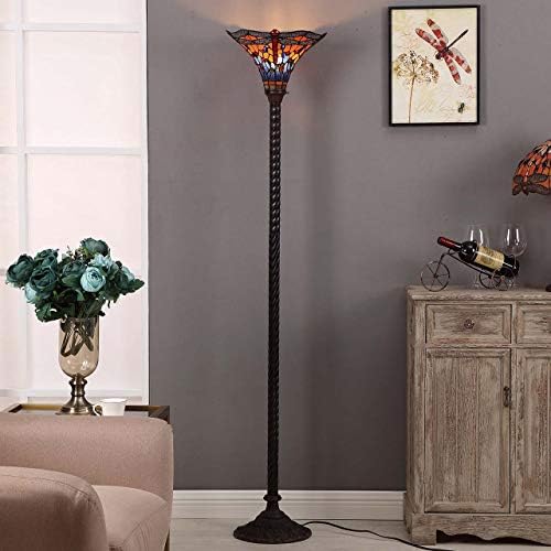 Bieye L10710 Dragonfly Tiffany Style Stained Glass Torchiere Floor Lamp with 13 Inch Wide Handmade Lampshade Metal Base for Dark Corner Living Room