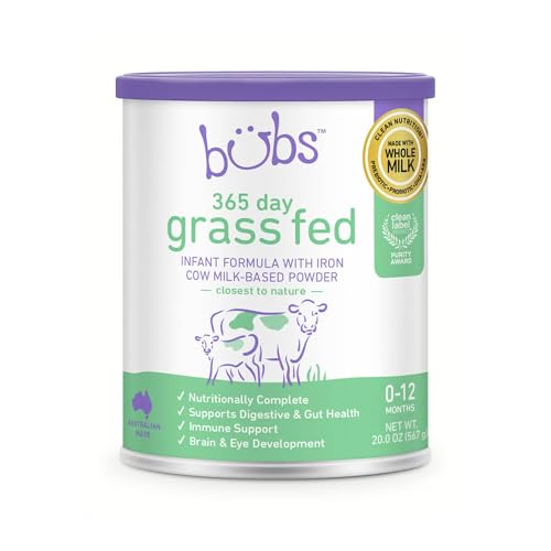 Bubs 365 Day Grass Fed Infant Formula for 0-12 Months, Non-GMO Milk, 20oz | Cow Milk-Based Powder with Iron, DHA, Prebiotics & Probiotics to Support Gentle, Digestive Health