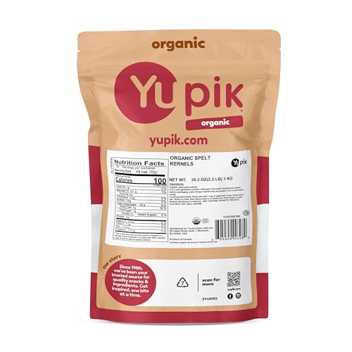 Yupik Organic Spelt Kernels, 2.2 lb (35.2 oz), Non-GMO, Kosher, Vegan, Raw Hulled Grains, Unsalted, Source of Fiber, Ideal for Baking & Cooking