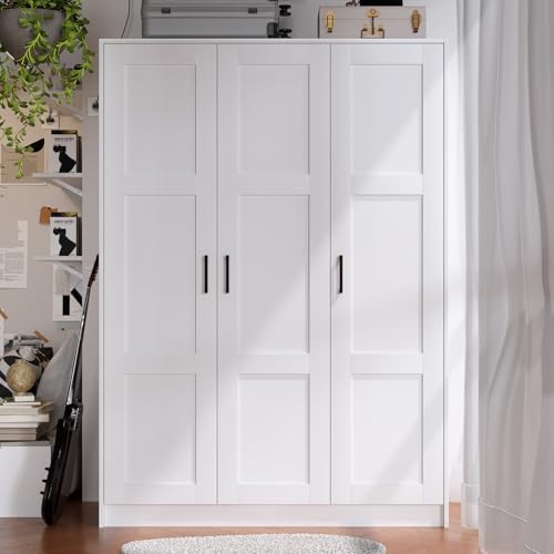 Fenghua Lizhi 3 Doors Wooden Wardrobe Closet Armoire, White Storage Cabinet for Hanging Clothes, Bedroom Large Capacity Freestanding Armoire,Wood Wardrobe Combination with Shelves