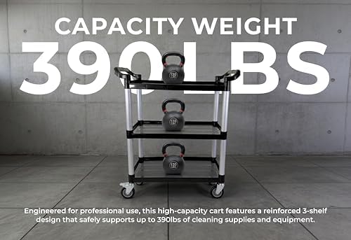 Commercial 3-Shelf Rolling Service Utility Cart | Capacity 390 lbs. | 37" x 34" x 16" | Black