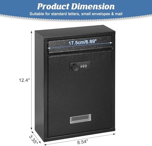 KYODOLED Mailbox for Outside, Wall Mount Locking Mailbox, Security Drop Box with Key Lock for Letters, Cash, Cards, Steel Mail Box for House Office School, 12.4H x 8.54L x 3.35W Inches, Black