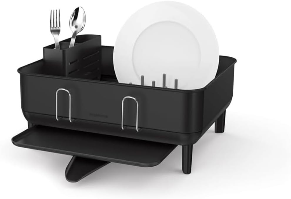 simplehuman Steel Frame Dishrack, Large Capacity Dish Drying Rack, 360º Easy Drain Swivel Spout, Utensil & Wine Glass Holder, Anti-Residue Coating
