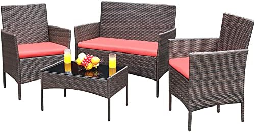 Greesum Patio Furniture 4 Pieces Conversation Sets,Brown and Beige