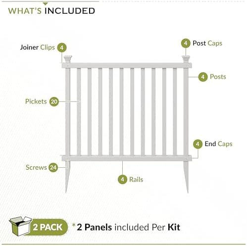 Zippity Madison Picket Fence Panels, White Vinyl DIY No Dig Kit | 2.5ftH x 2.3ftW, White, 2 Panels, Garden Border or Yard Enclosure, ZP19001