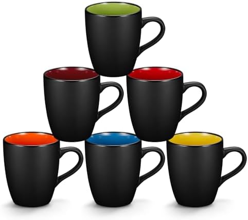 Qipecedm 6 Pack Porcelain Coffee Mugs Set, 12 Ounces Ceramic Coffee Mugs, Matte Black Coffee Mug, Restaurant Cups for Coffee, Tea, Cappuccino, Cocoa