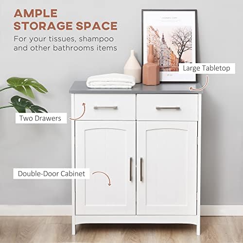 kleankin Bathroom Floor Cabinet Freestanding Linen Cabinet 2 Drawers White | Double Doors, Adjustable Shelf