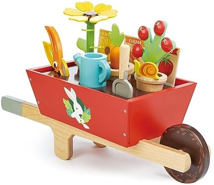 Tender Leaf Toys Garden Wheelbarrow Set – Deluxe Wooden Gardening Toy with Tools & Accessories – Supports Learning
