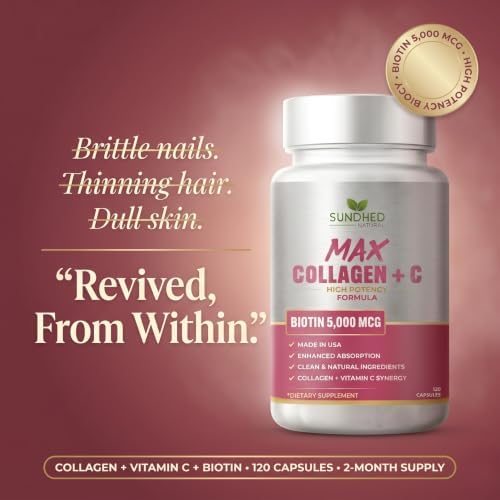 Max Collagen Plus C (60 caps) - All Natural Collagen Capsules with Biotin & Bioperine to Boost Anti Aging Hydration & Skin Firmness - Collagen Pills to Strengthen Bones & Nails