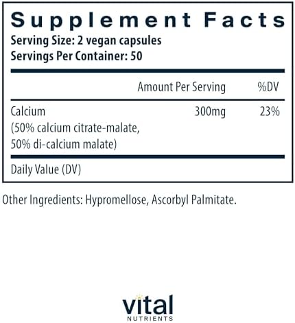 Vital Nutrients - Calcium (Citrate/Malate) - Most Bioavailable Form of Calcium - 100 Vegetarian Capsules per Bottle - 150 mg