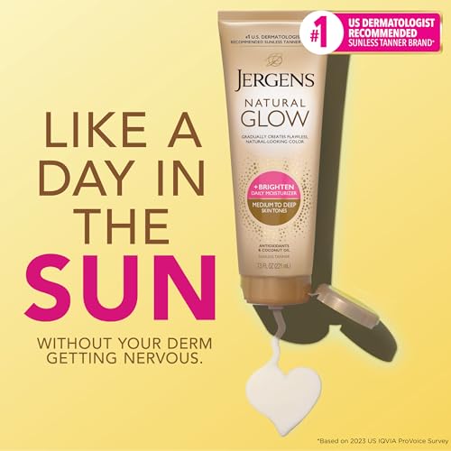 Jergens Natural Glow Self Tanner Body Lotion, Sunless Tanning, Medium to Deep Skin Tone, Daily Moisturizer with Coconut Oil, Vitamin E and Antioxidants, 7.5 Oz | Sunless Tanning, Daily Moisturizer, Coconut Oil, Vitamin E & Antioxidants, Gradual Color Dev…