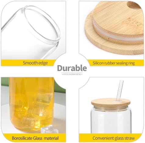 YOUKE OLA 20 Pack Glass Cups with Bamboo Lids and Glass Straw 16oz Beer Can Shaped Drinking Glasses Cups, Glass Tumbler Reusable Cute Cups for Whiskey