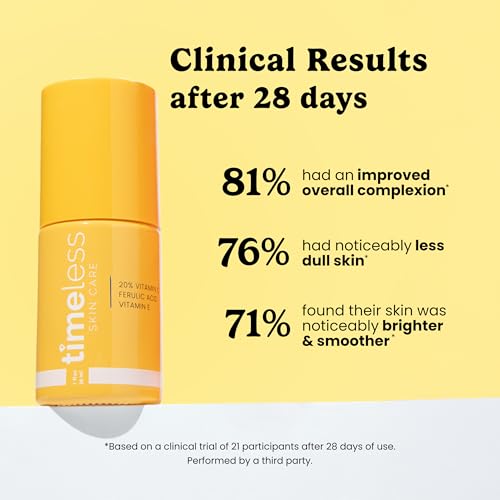 Timeless Skin Care Vitamin C Serum with Vitamin E & Ferulic Acid - Brightening Serum - for Oily & Dry Skin - Fragrance-Free - 1 oz | Vitamin C Serum for Even Skin Tone and Collagen Support, Antioxidant-Rich Advanced Skincare Formula, Lightweight