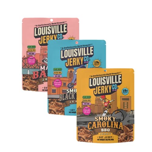 Louisville Jerky Co. Traditional Vegan Jerky Pack, 3 oz, 5-Pack | Plant Based, High Protein Snack, Vegetarian Friendly, BBQ, Buffalo, Maple Bacon, Pepperoni Pizza, Black Pepper