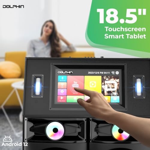 Dolphin Karaoke Machine with 2 Wireless Microphones, Quad 12" Woofers | 18.5" Touchscreen, 300W RMS, Android, Bluetooth, Wi-Fi, HDMI/USB/SD Card/AUX