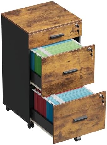 DEVAISE 3 Drawer File Cabinet with Lock & Wheels, Wood Printer Stand | Mobile Filing Cabinet Fits Letter/A4 Size; Rustic Brown Wood Printer Stand Keeps Home Office Files Secure And Organized