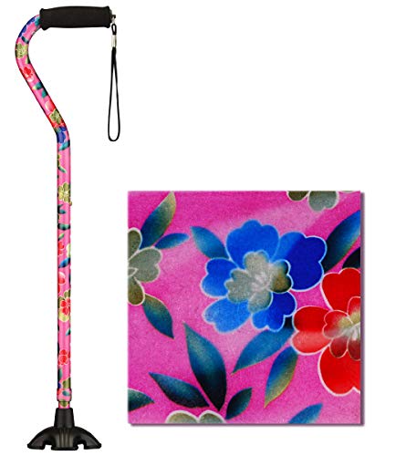 Nova Joy Designer Offset Quad Cane for Seniors - Unisex Adjustable Lightweight Walking Aid with Foam Handle, Wrist Strap and Anti-Rattle Lock - Essential Mobility Support - Maui Flowers
