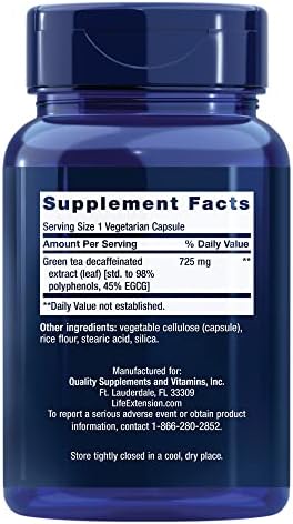 Life Extension Decaffeinated Mega Green Tea Extract – Polyphenol-Rich, Cell Health, Heart Health, Brain Health, Antioxidant Protection – Non-GMO, Gluten-Free, Vegetarian – 100 Capsules | Camellia Sinensis Extract with Concentrated EGCG Polyphenols, Glute…